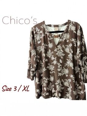 Chico's Tortoise Shell Link Collar Floral Blouse